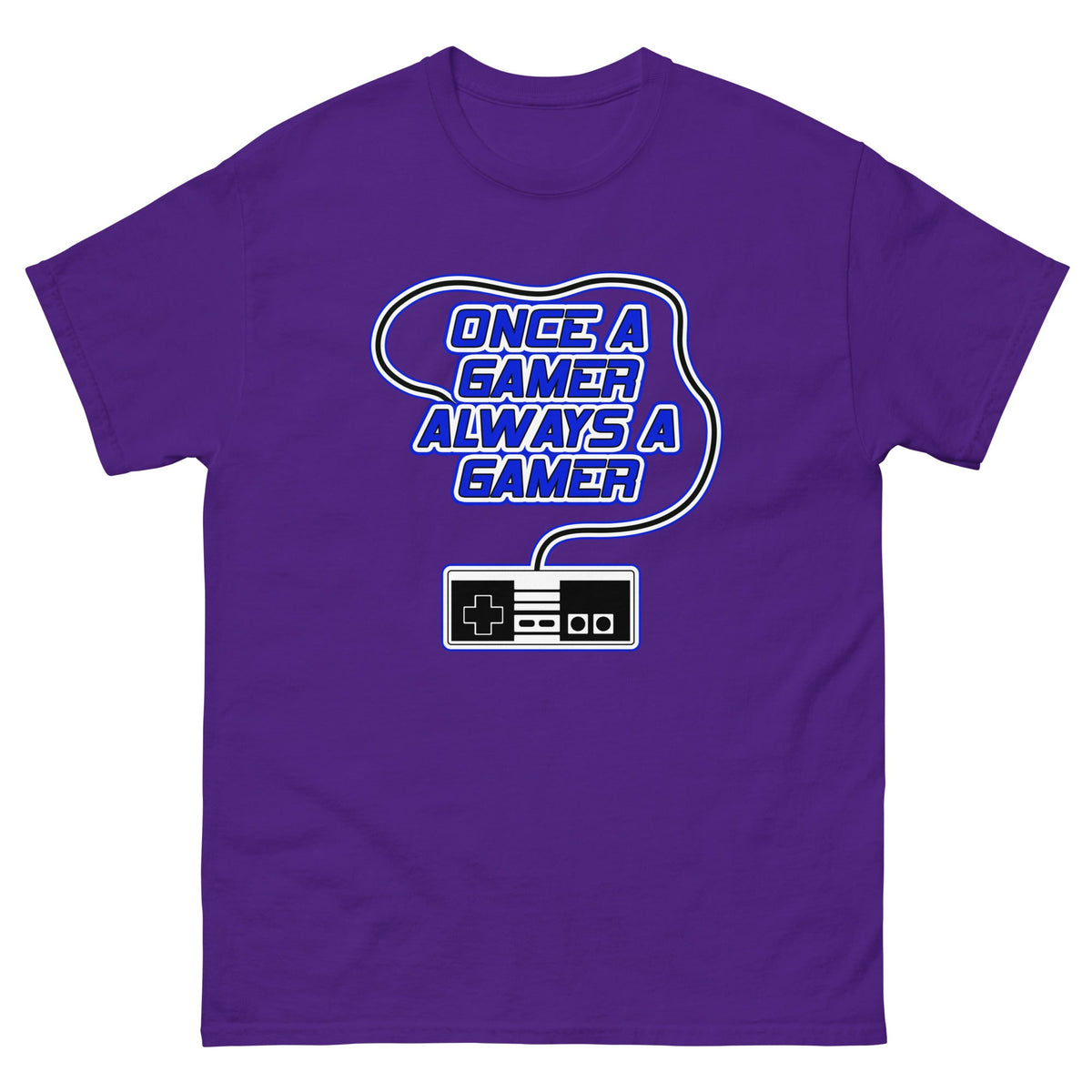 Purple t-shirt with “Once a gamer always a gamer” gaming logo and controller graphic