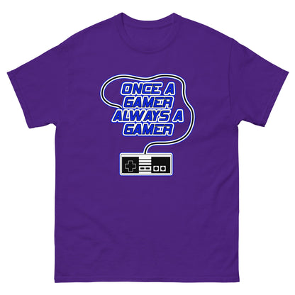 Purple t-shirt with “Once a gamer always a gamer” gaming logo and controller graphic