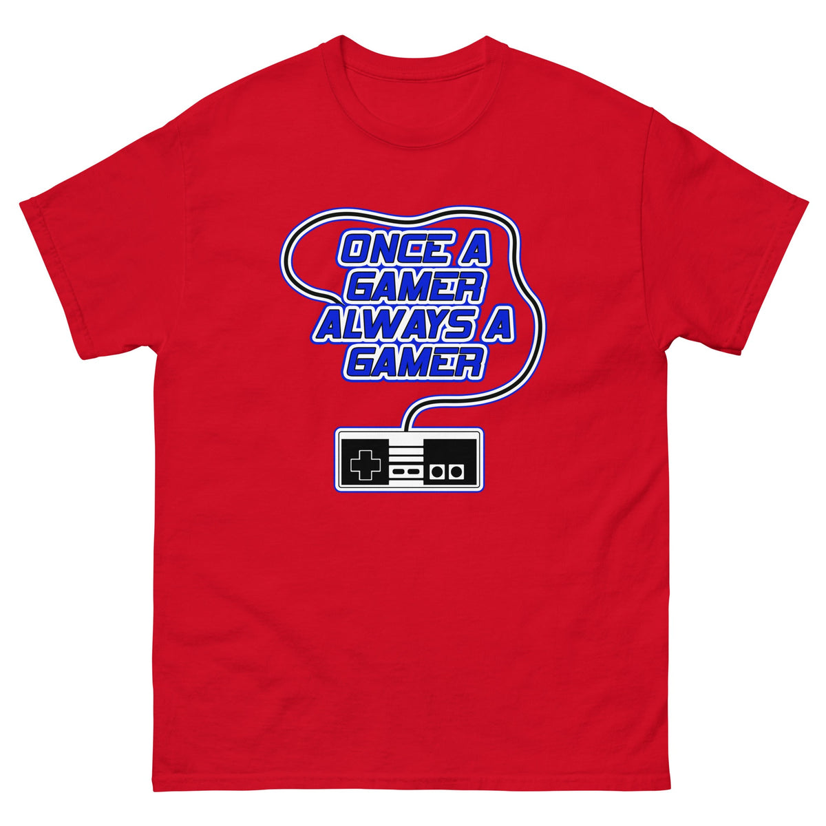 Red t-shirt with “Once a gamer always a gamer” gaming logo and controller graphic