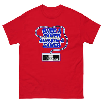 Red t-shirt with “Once a gamer always a gamer” gaming logo and controller graphic