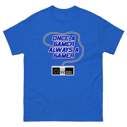 Blue t-shirt with “Once a gamer always a gamer” gaming logo and controller graphic