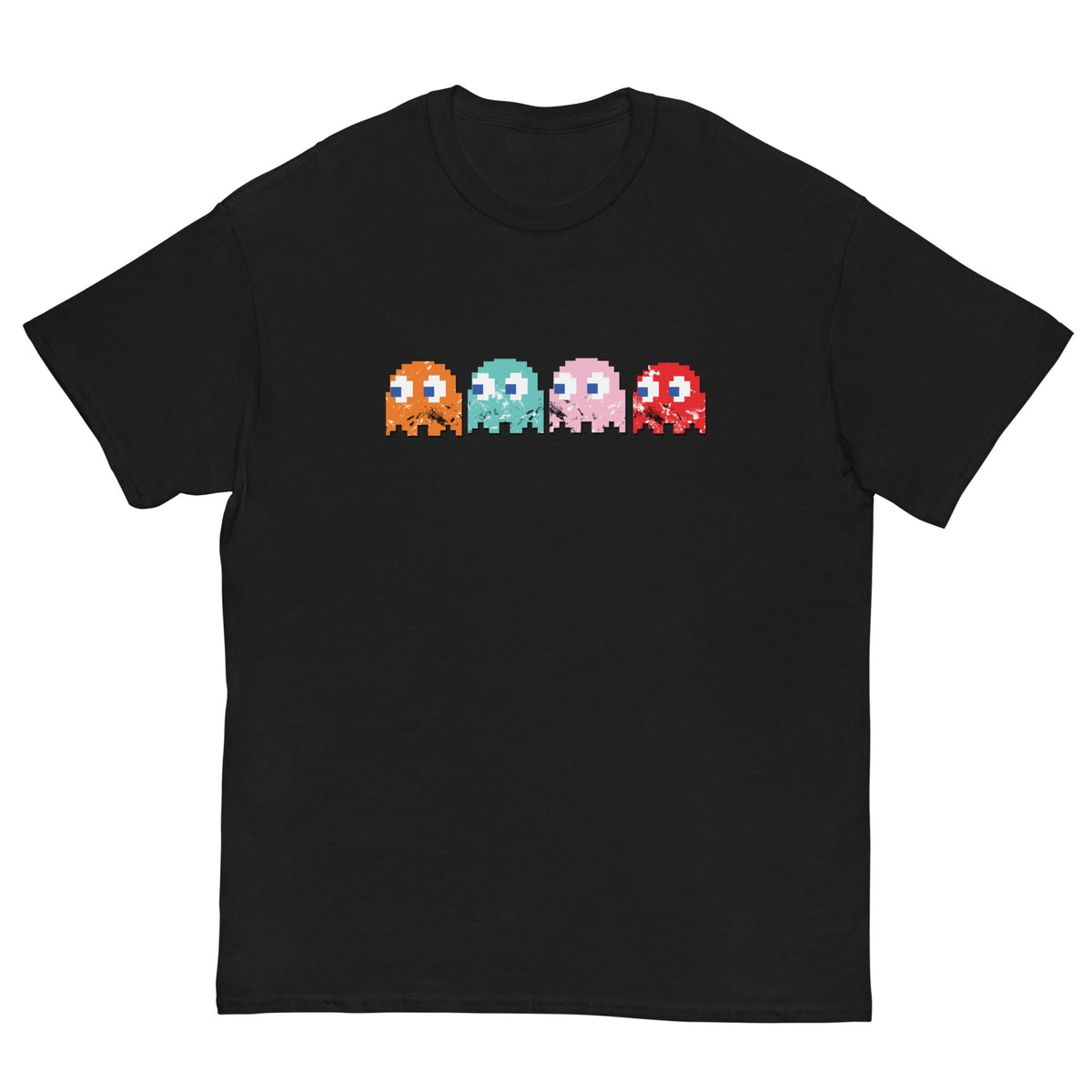 Black T-shirt with pixel-style arcade characters graphic on chest.