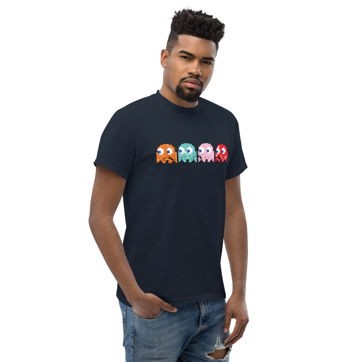 Navy T-shirt with pixel-style arcade characters graphic across the chest.