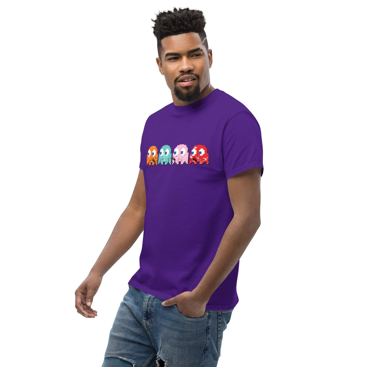 Purple T-shirt with pixel-style arcade characters graphic across the chest.