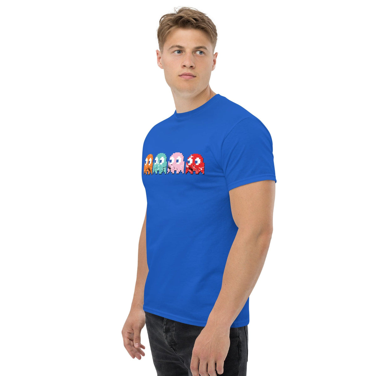 Royal blue T-shirt with pixel-style arcade characters graphic across the chest.