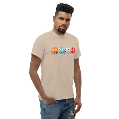 Tan T-shirt with pixel-style arcade characters graphic across the chest.