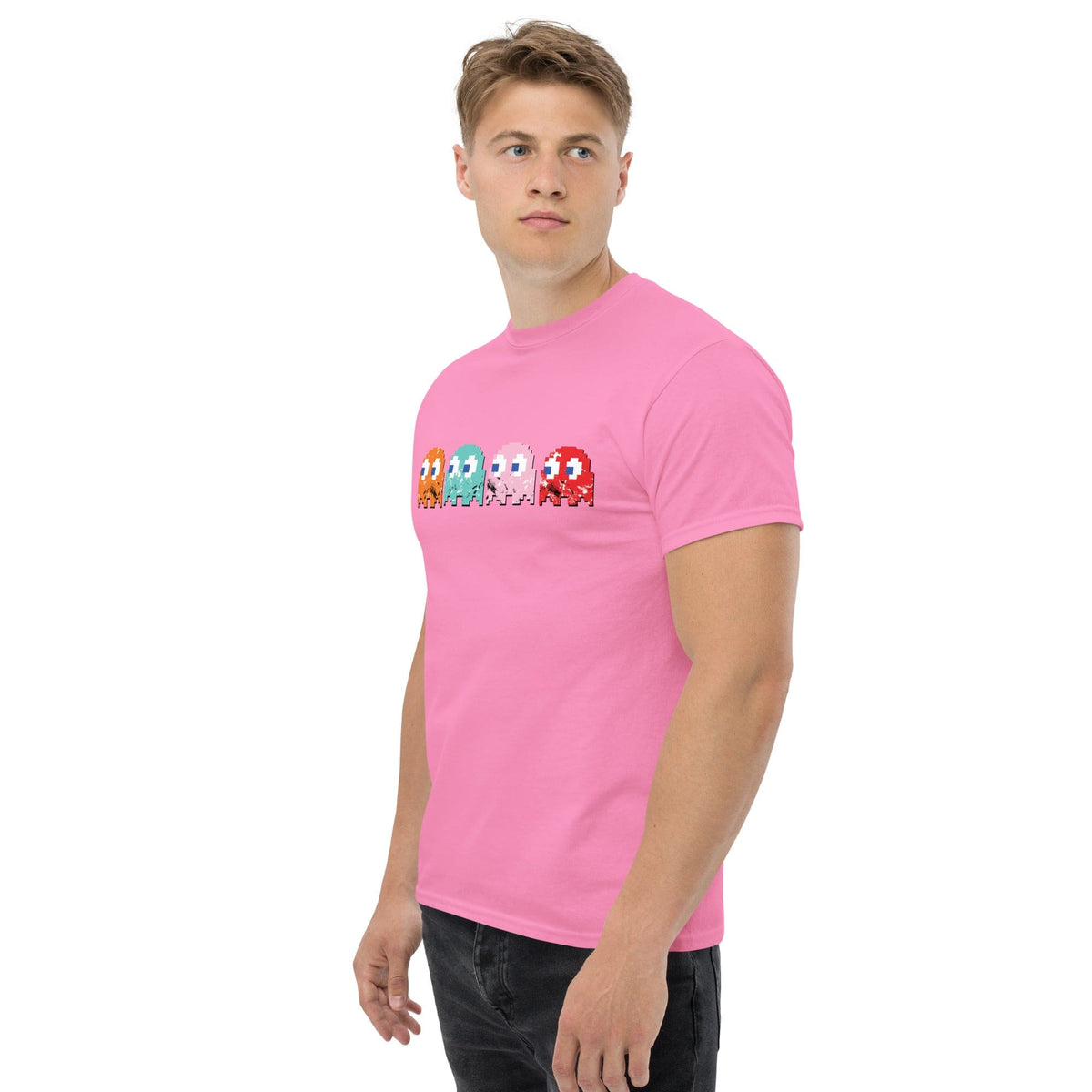 Pink graphic T-shirt with pixel bullies across the chest