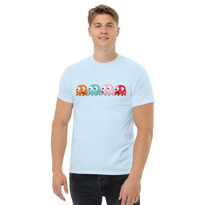 Light blue graphic T-shirt with pixel bullies across the chest