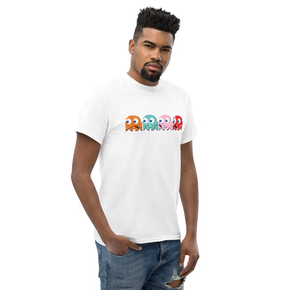 White graphic T-shirt with pixel bullies across the chest