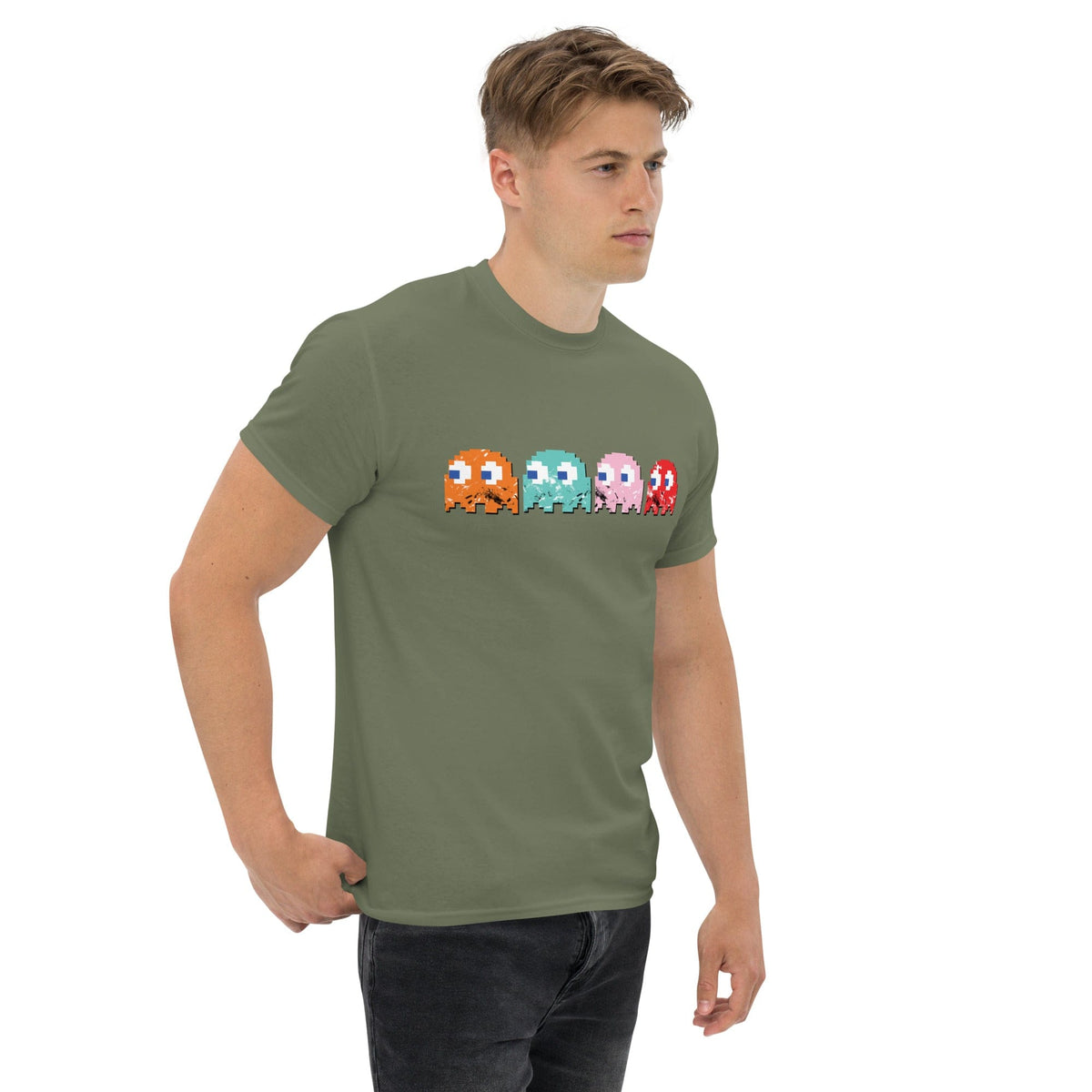 Olive green graphic T-shirt with pixel bullies across the chest