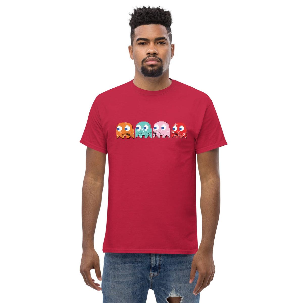 Red graphic T-shirt with pixel bullies across the chest