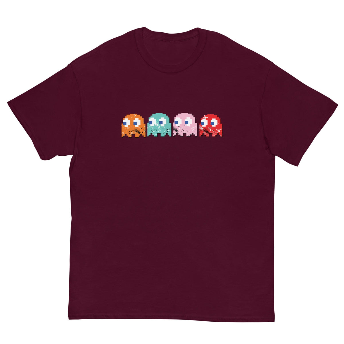 Maroon T-shirt with pixel bullies graphic on the front