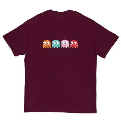 Maroon T-shirt with pixel bullies graphic on the front