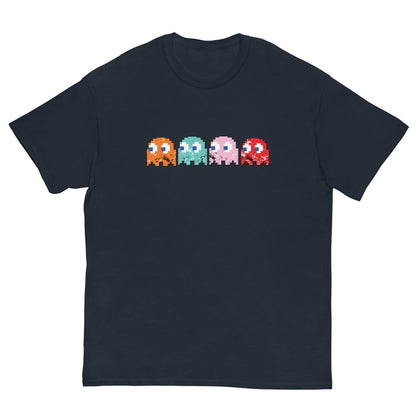 Navy T-shirt with pixel bullies graphic on the front