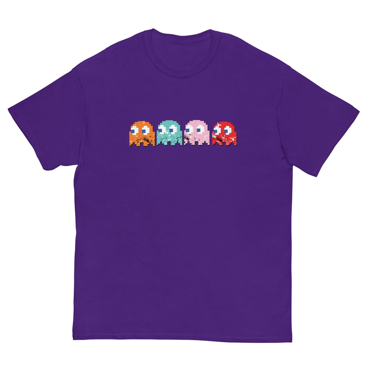 Purple T-shirt with pixel bullies graphic on the front