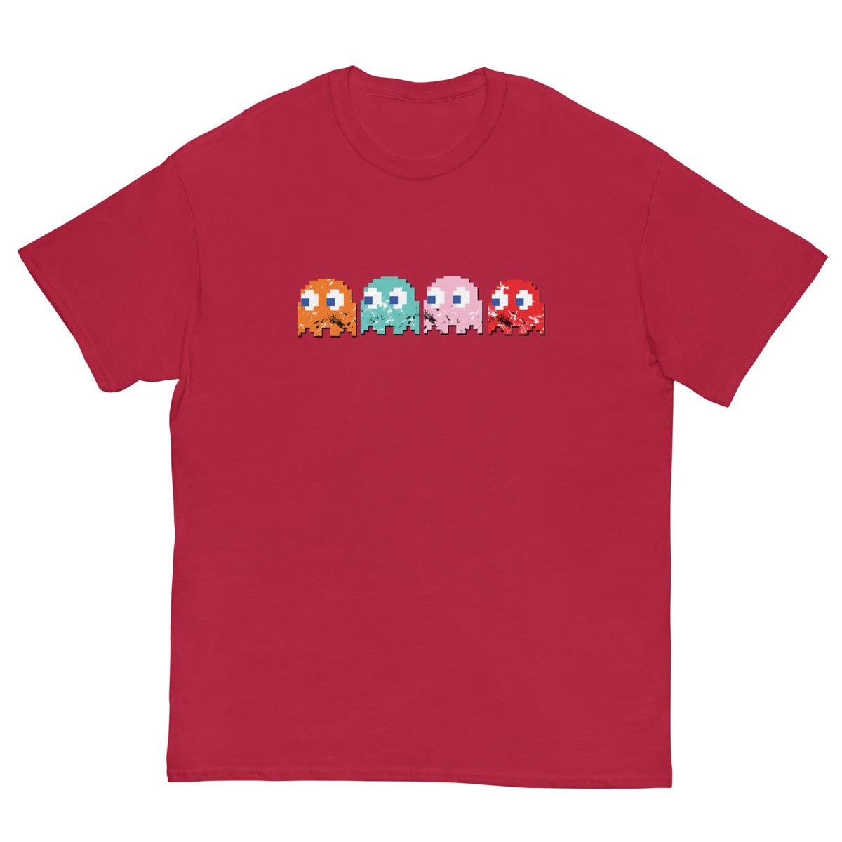 Red T-shirt with pixel bullies graphic on the front