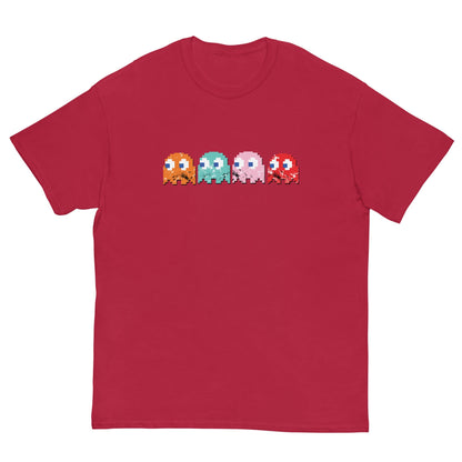 Red T-shirt with pixel bullies graphic on the front