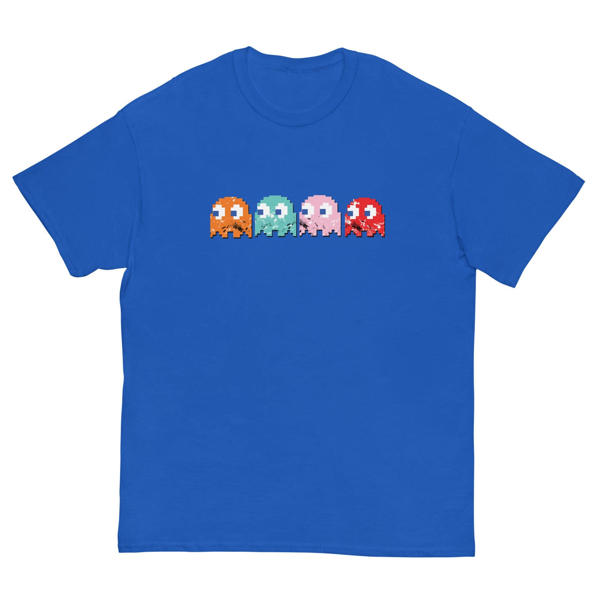 Short-sleeve T-shirt, royal blue, with pixel-style monster graphic on the chest