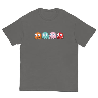 Short-sleeve T-shirt, dark gray, with pixel-style monster graphic on the chest