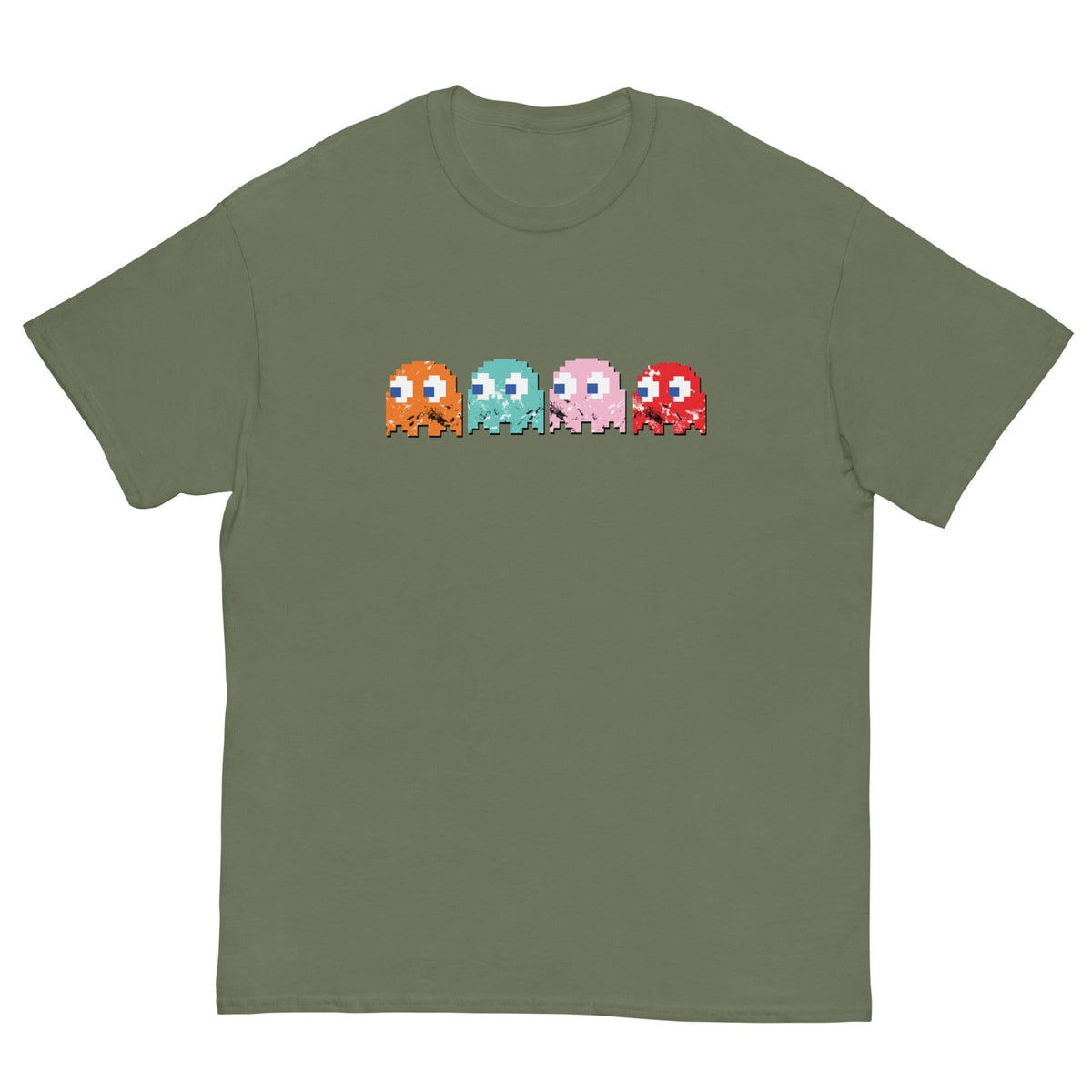 Short-sleeve T-shirt, olive green, with pixel-style monster graphic on the chest