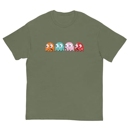 Short-sleeve T-shirt, olive green, with pixel-style monster graphic on the chest