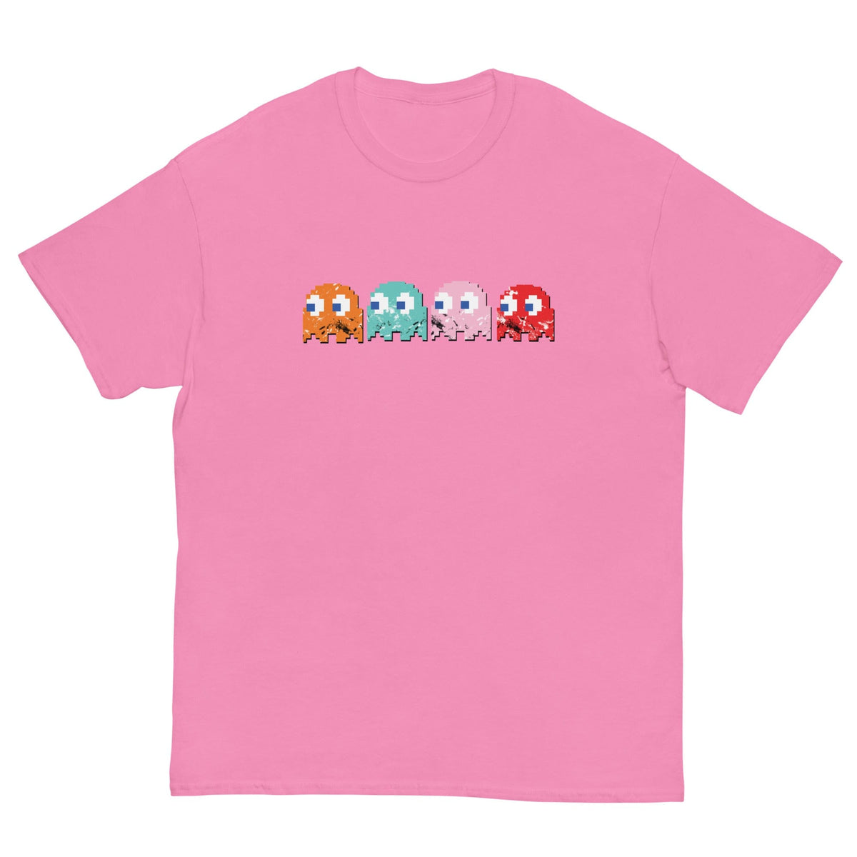 Short-sleeve T-shirt, pink, with pixel-style monster graphic on the chest