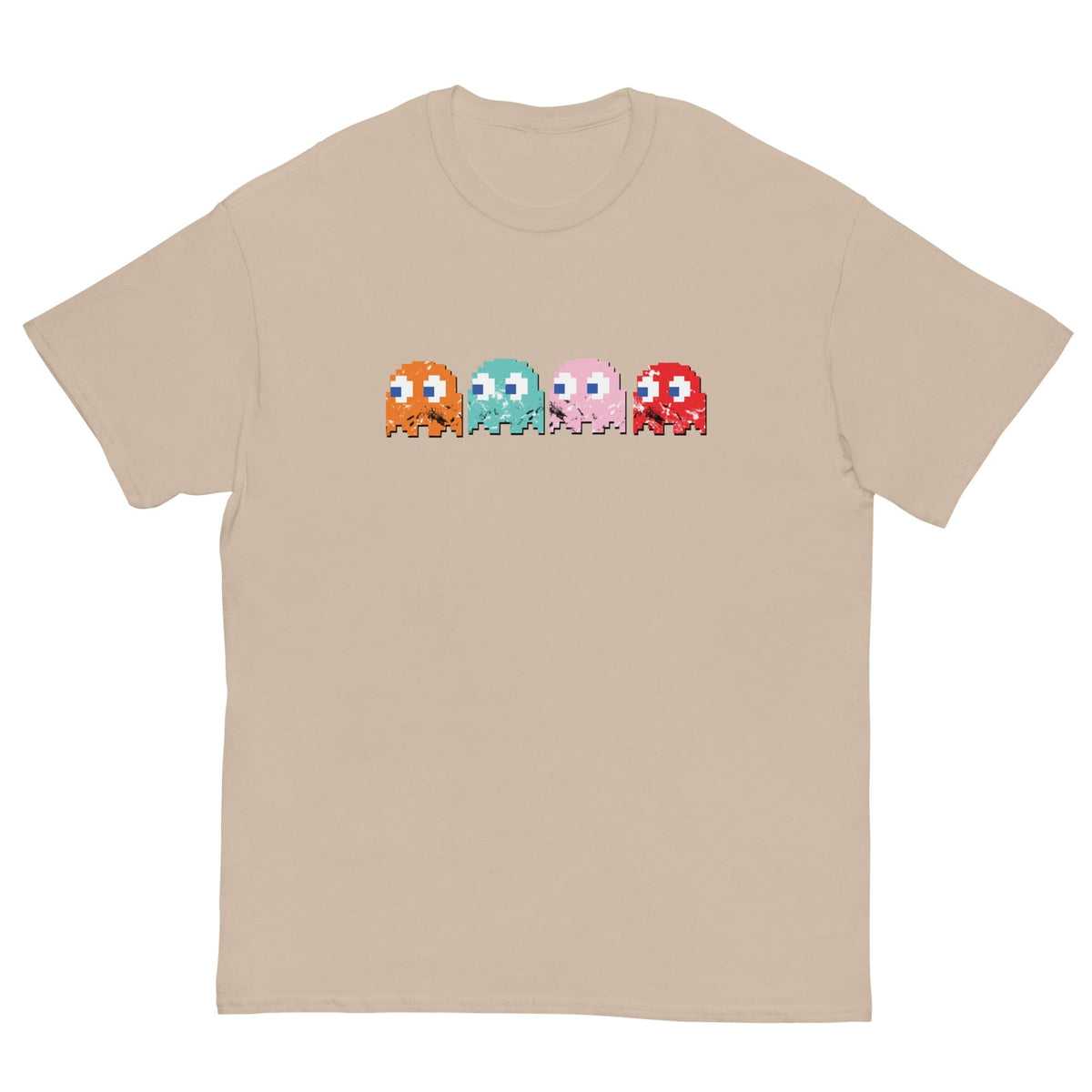 Short-sleeve T-shirt, beige, with pixel-style monster graphic on the chest