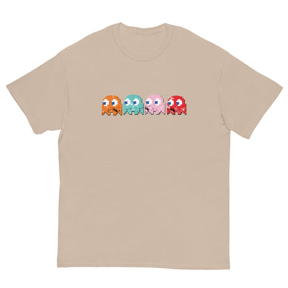 Short-sleeve T-shirt, beige, with pixel-style monster graphic on the chest