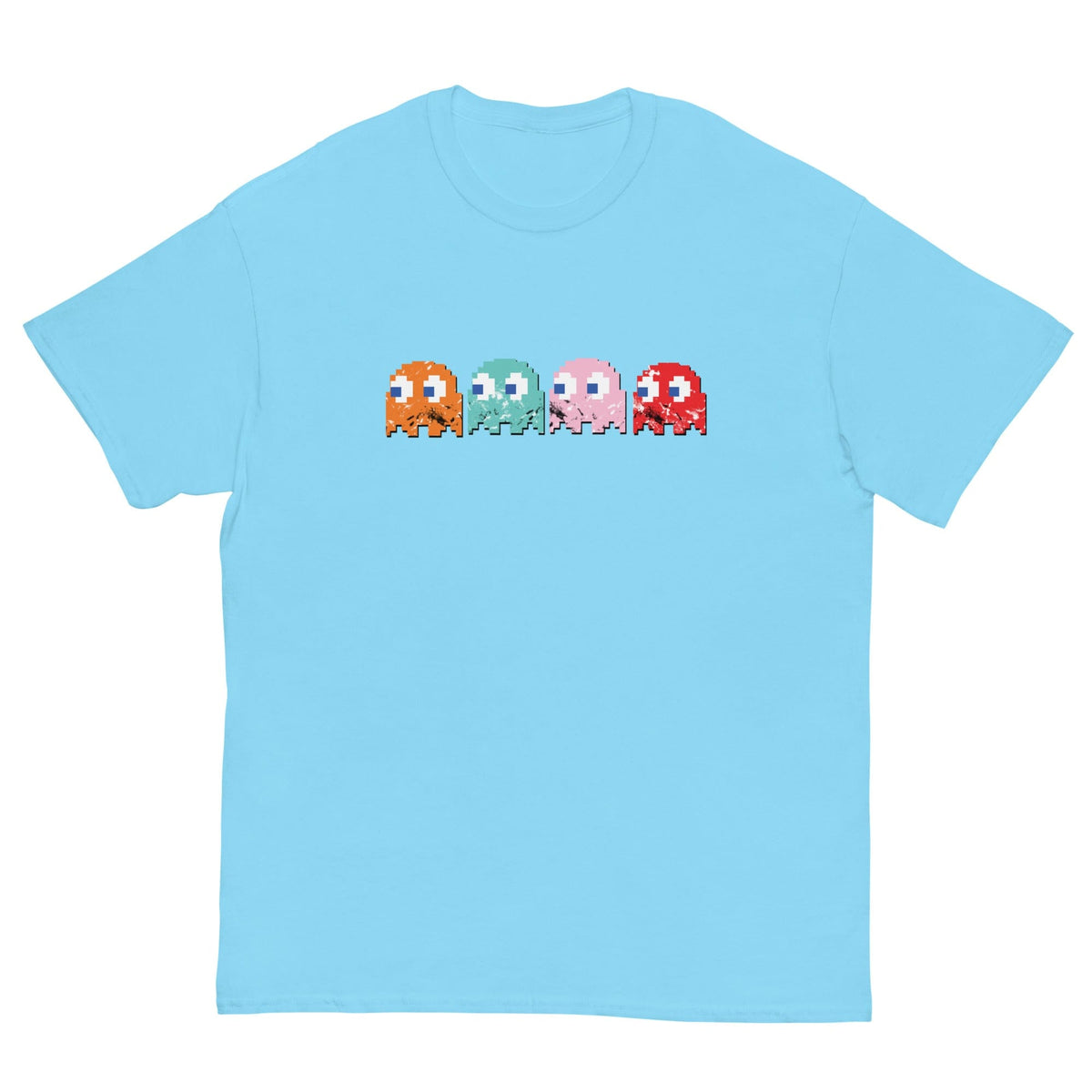 Short-sleeve T-shirt, light blue, with pixel-style monster graphic on the chest