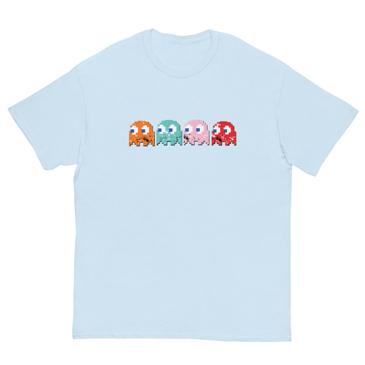 Short-sleeve T-shirt, pale blue, with pixel-style monster graphic on the chest