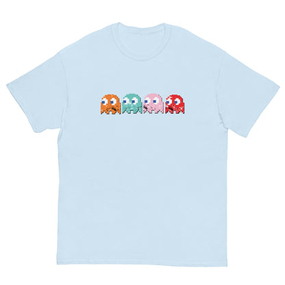 Short-sleeve T-shirt, pale blue, with pixel-style monster graphic on the chest
