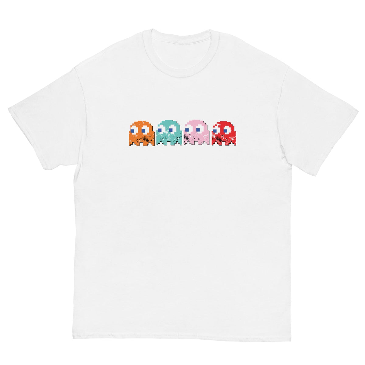 Short-sleeve T-shirt, white, with pixel-style monster graphic on the chest