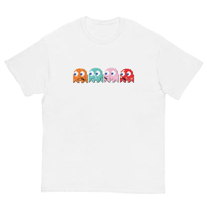 Short-sleeve T-shirt, white, with pixel-style monster graphic on the chest