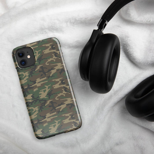 Camouflage phone snap case with cutouts for dual cameras and flash, dark edge trim