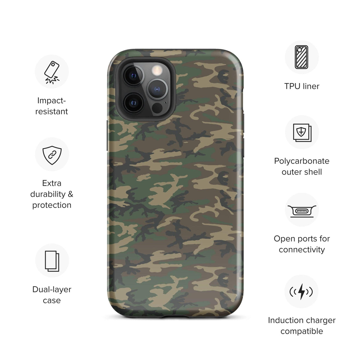 Camouflage tough iPhone® case centered view with dual camera cutouts and textured grip