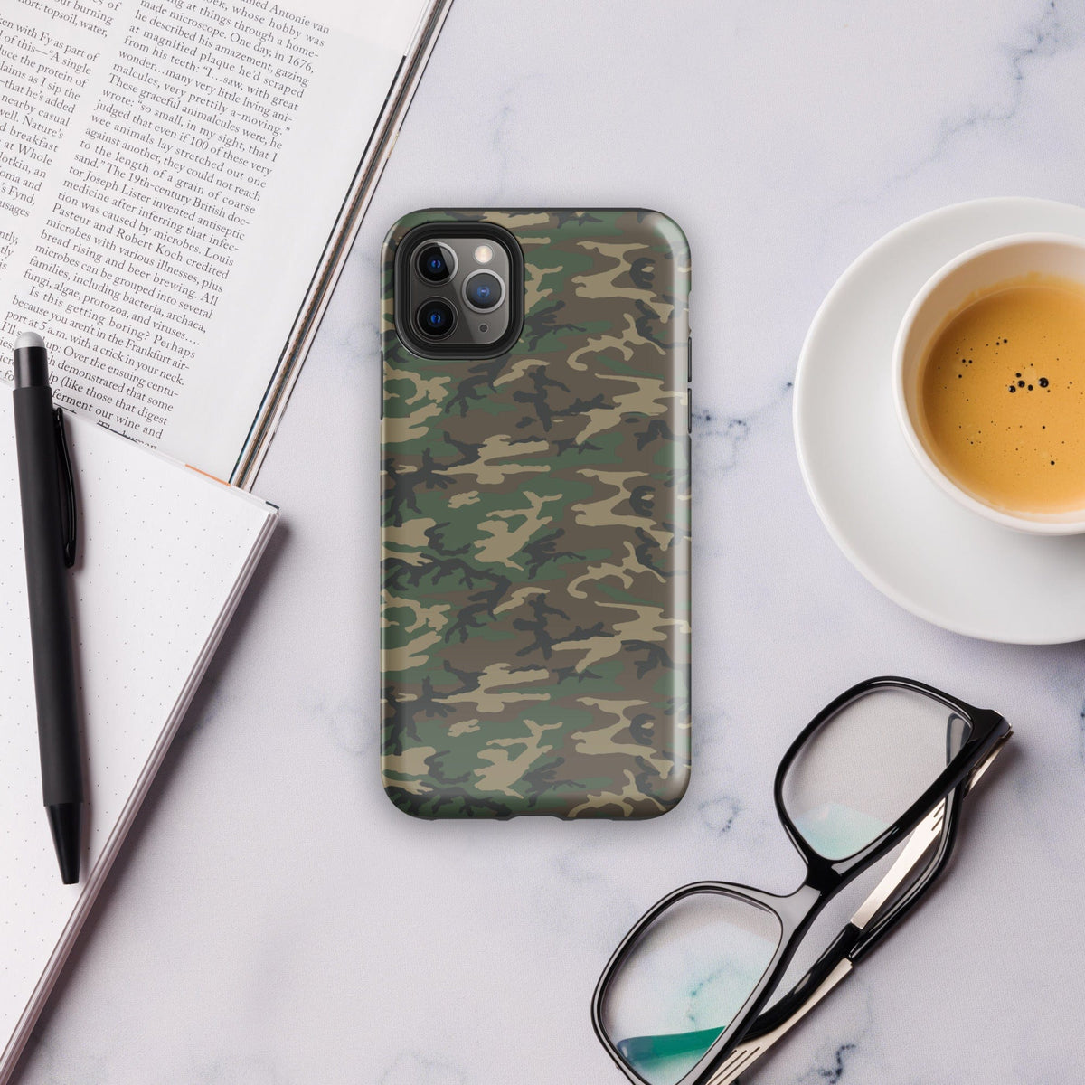 Army camouflage tough iPhone® case, front view with raised camera cutouts