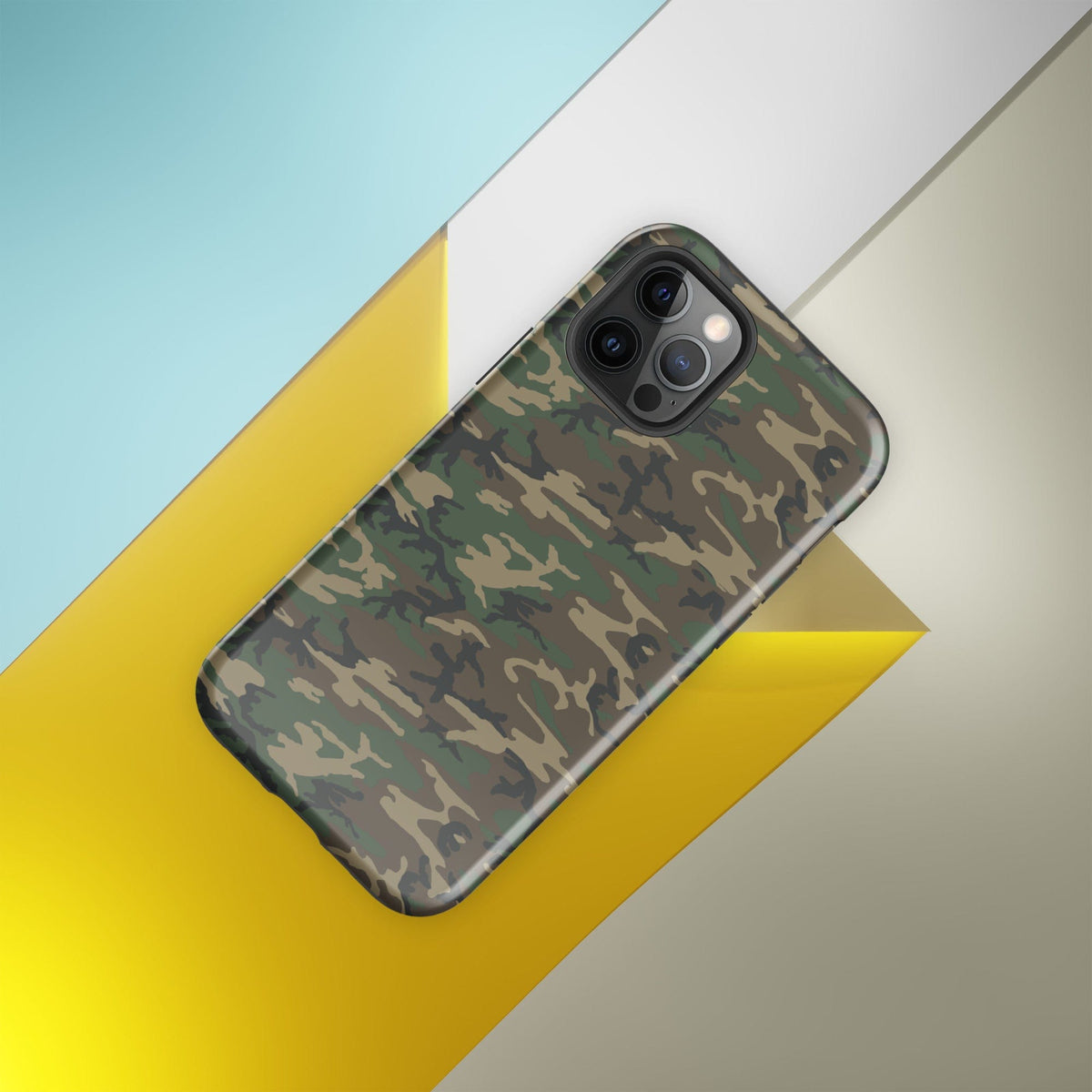 Army camouflage tough iPhone® case angled view with raised camera cutouts