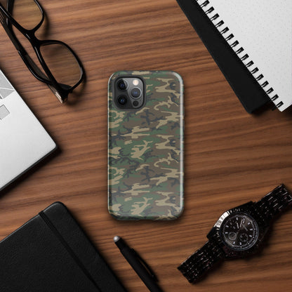 Army camouflage tough iPhone® case, front view with raised camera bezel and cutouts