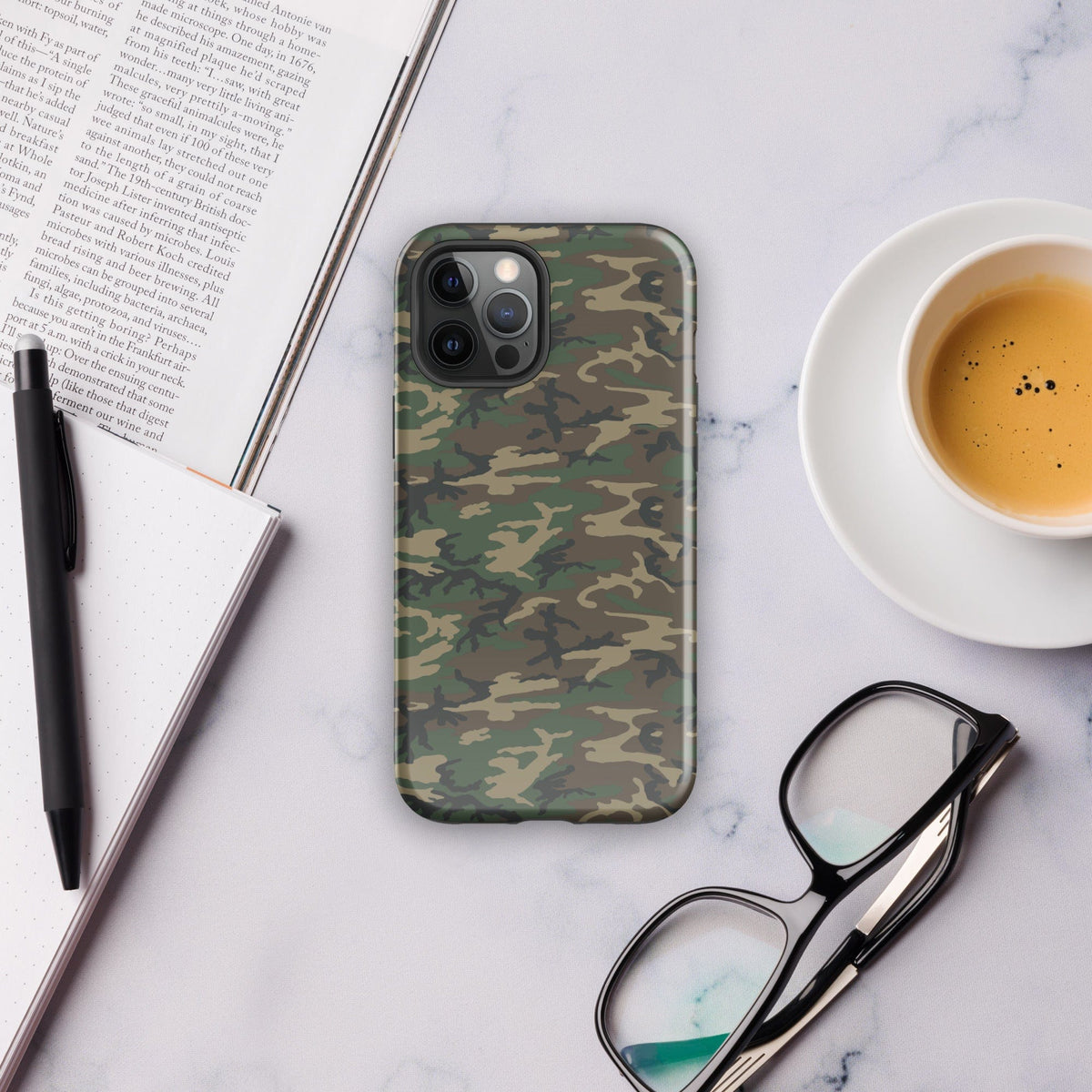 Camouflage tough phone case with raised camera bezel, dark green pattern