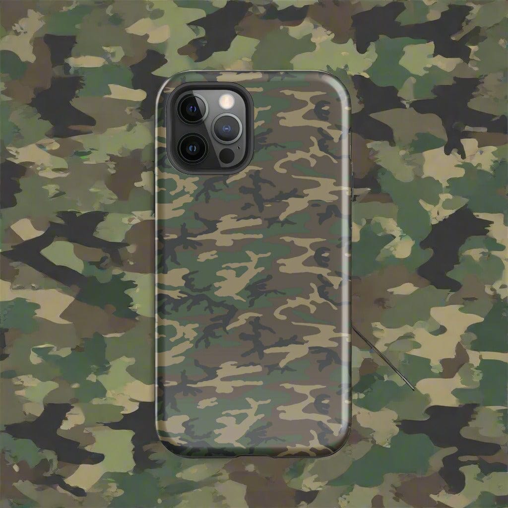 Camouflage tough iPhone® case close-up, showing dual camera cutouts and raised edges