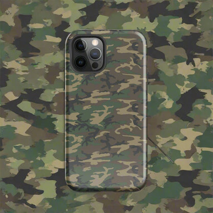Camouflage tough iPhone® case close-up, showing dual camera cutouts and raised edges