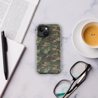 Camouflage tough phone case with triple-camera cutouts and raised camera protection
