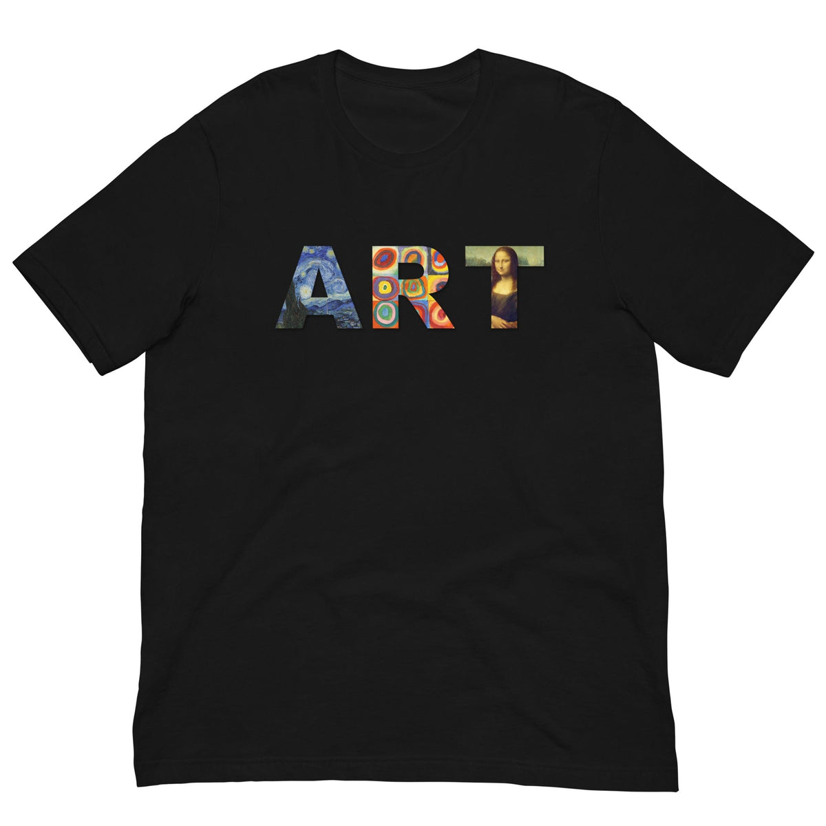 Black art graphic T-shirt with colorful “ART” lettering and small portrait on front.