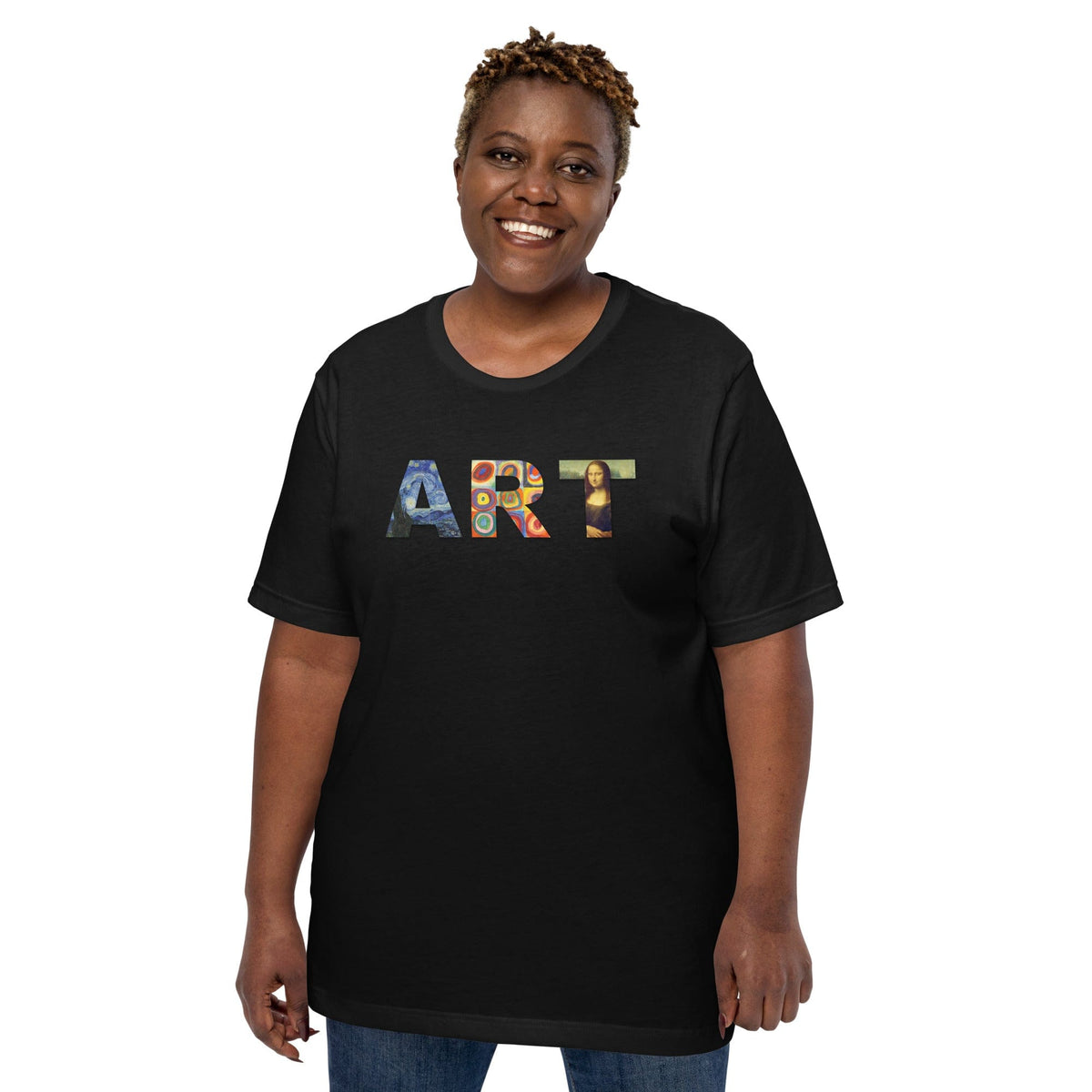 Black art graphic T-shirt with colorful “ART” lettering and small portrait on front.