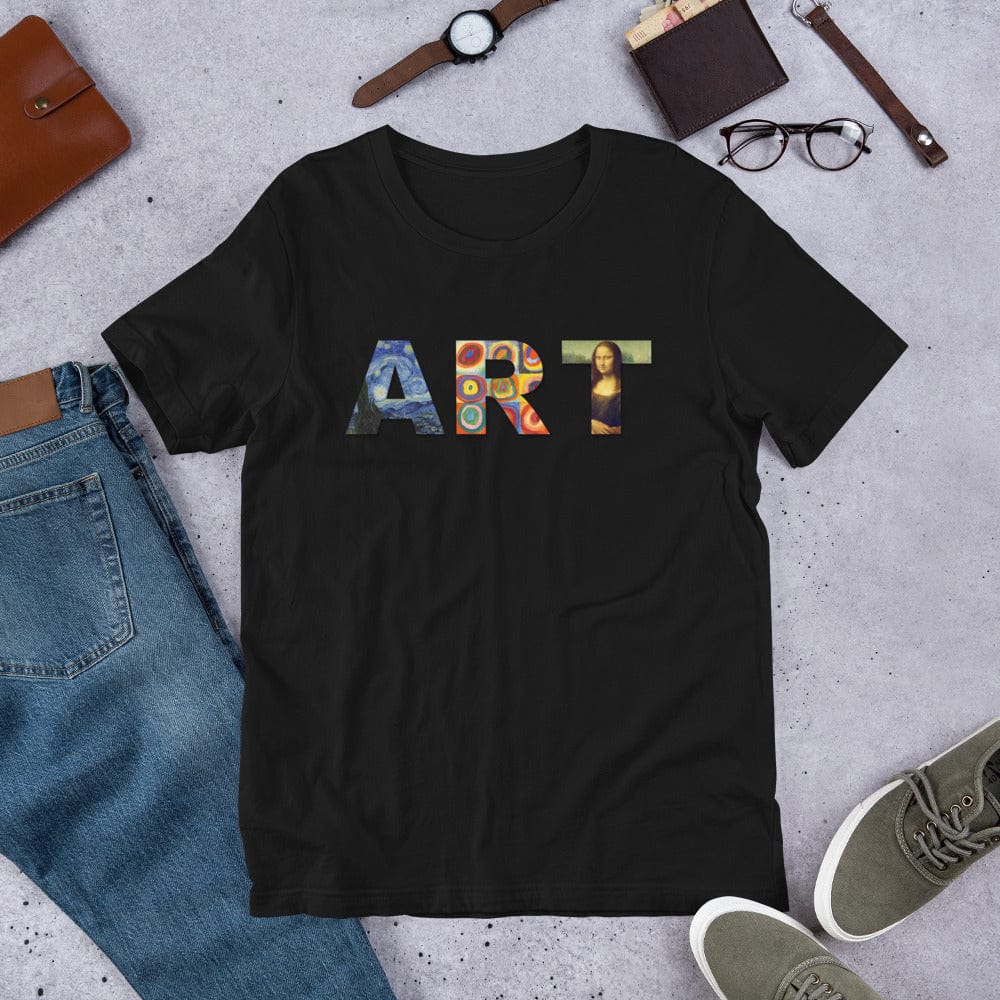 Black art graphic T-shirt with colorful “ART” lettering and small portrait on front.