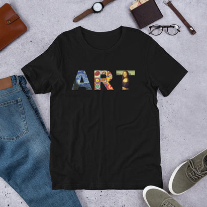 Black art graphic T-shirt with colorful “ART” lettering and small portrait on front.