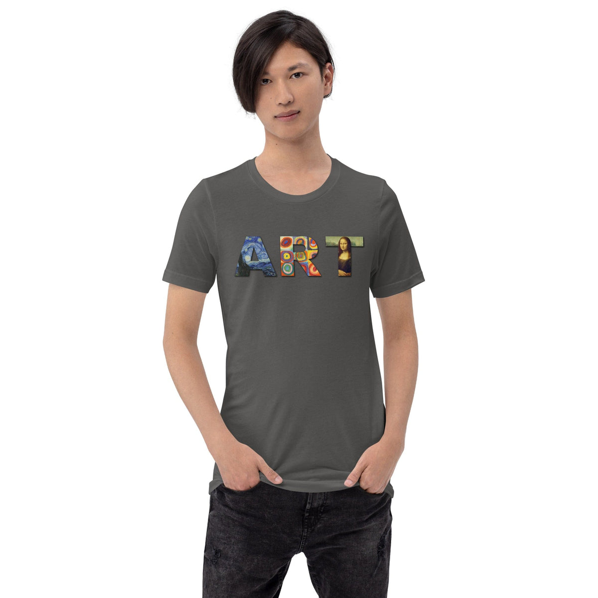 Gray art graphic T-shirt with colorful “ART” lettering and small portrait on front.