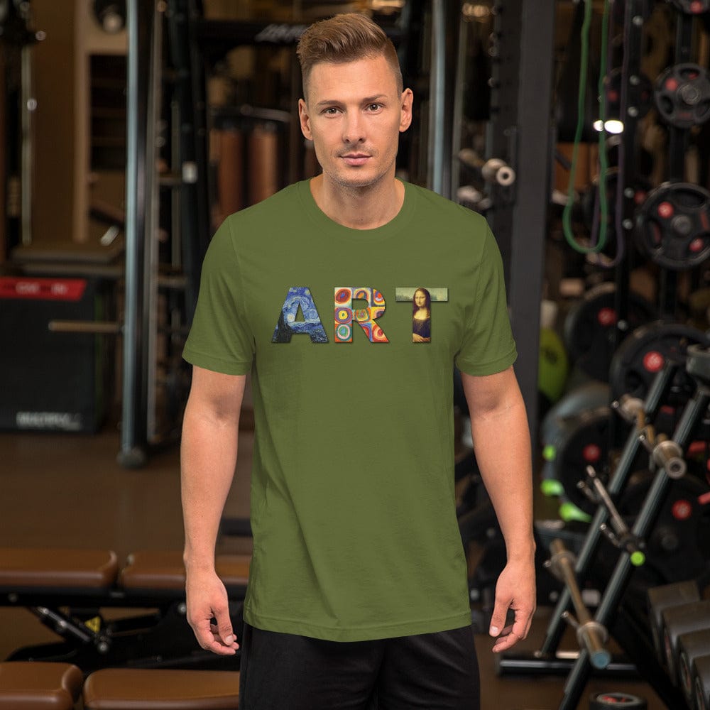 Olive green art graphic T-shirt with colorful “ART” lettering and small portrait on front.