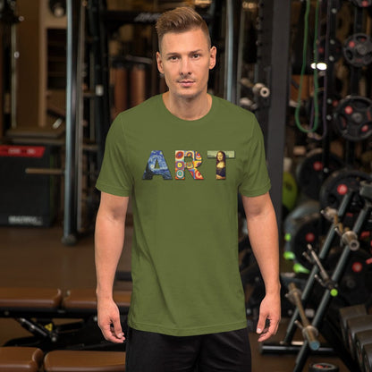 Olive green art graphic T-shirt with colorful “ART” lettering and small portrait on front.