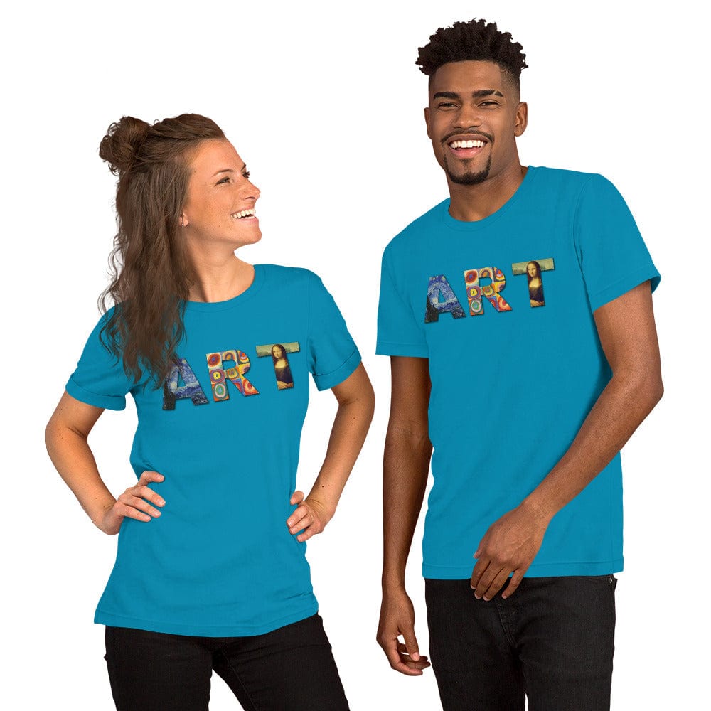 Blue art graphic T-shirt with colorful “ART” lettering and small portrait on front.